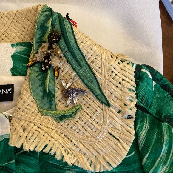 DOLCE AND GABBANA Green White Banana Leaf Tropical Print Straw Collar Jacket - Picture 14 of 15